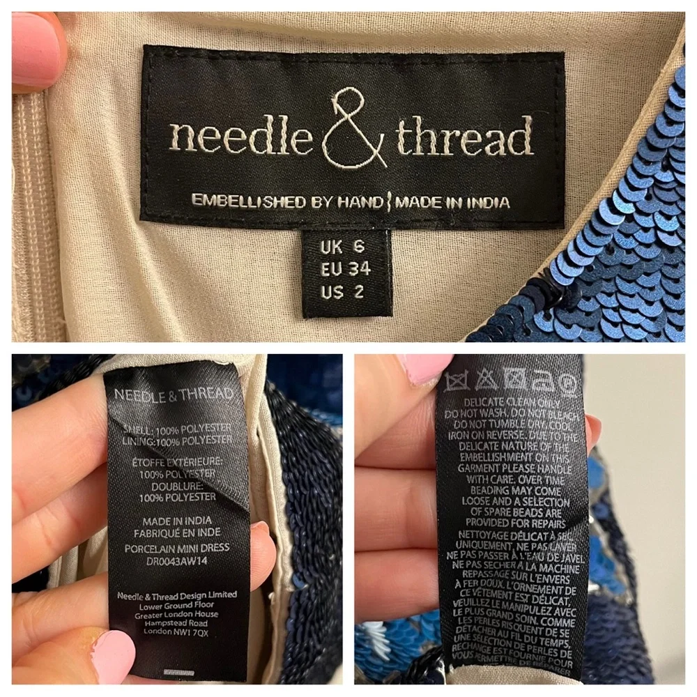 Needle & Thread Blue Floral Sequin Sleeveless Mini Dress Size US 2 - Picture 6 of 10